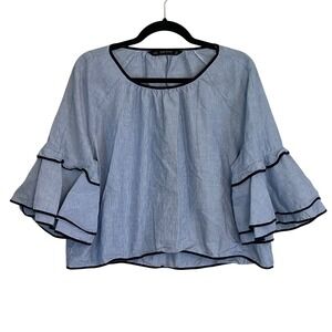 Zara Basic Blue White Pinstripe Ruffle Bell Sleeve Cotton Blouse XXL Top
